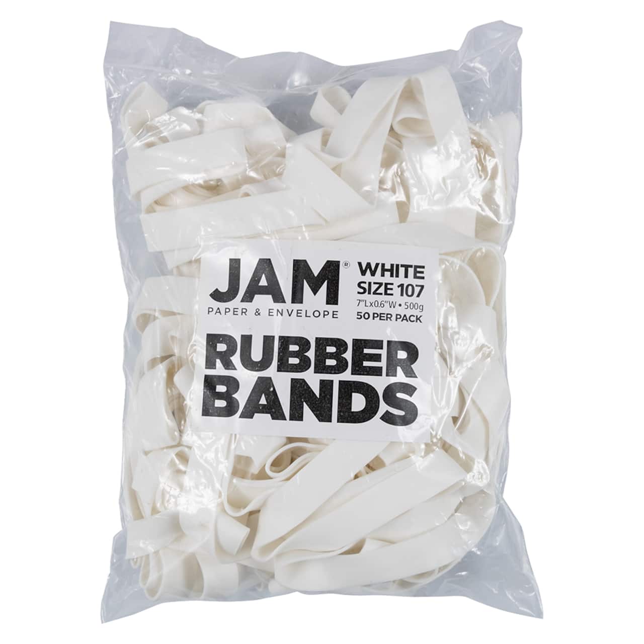 JAM Paper Size 107 White Rubber Bands, 50ct.